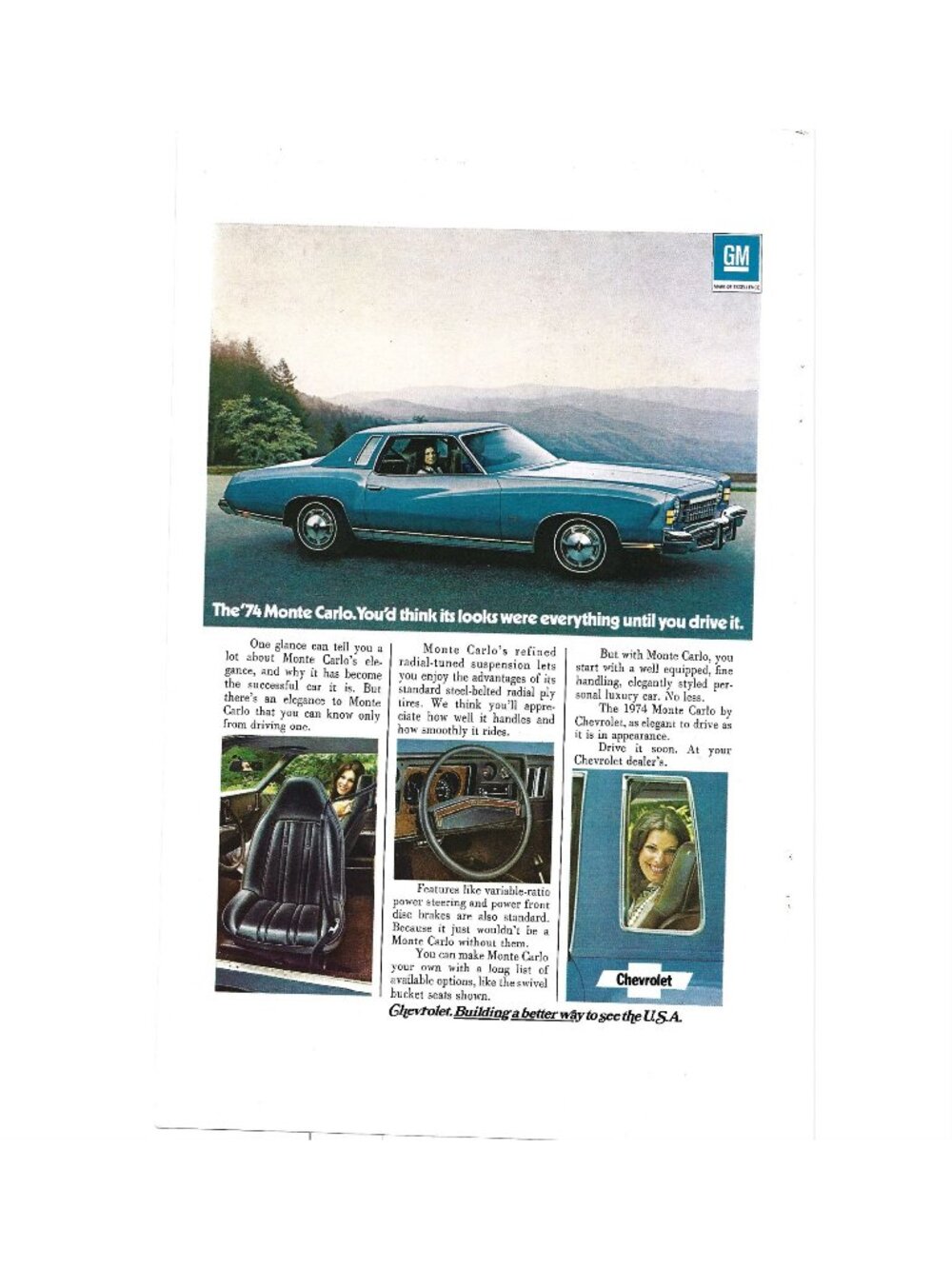 Print Ad 1974 Chevrolet Monte Carlo Style Luxury Blue GM Vintage Car Auto